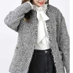 フォーマル　ツイードジャケット ノーカラー グレー系　アールピーエス