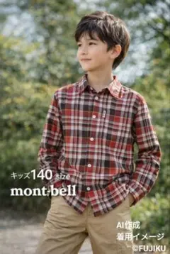 【美品】mont-bell モンベル キッズ140 チェック柄 長袖シャツ