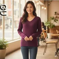 GU リブ編み Vネック 長袖セーター パープル