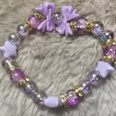 パープルリボン星ビーズブレスレット