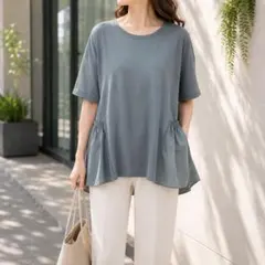 グローバルワーク【L】半袖Tシャツ切替ペプラムチュニック カットソー ゆるだぼのサムネイル