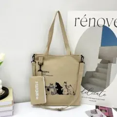 帆布 ポーチ付き ねこ柄 キャンバス トートバッグ ショルダー 猫柄 ベージュ