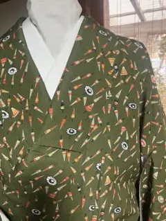 傘柄 緑色 小紋着物　 洗えるお着物、ポリエステル製の中古