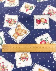 レトロ　布地　1m×108cm 綿　テディベア　シーチング　ブルー 新品未使用