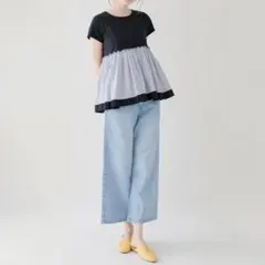 美品 yori ペプラム ギャザーストライプカットソー 切り替えTシャツ ヨリのサムネイル