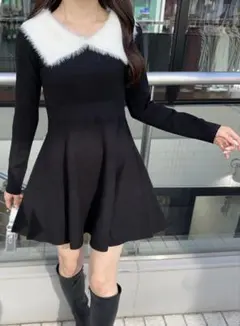 フェザーオフショルカラーフレアニットミニワンピース【tu1276】