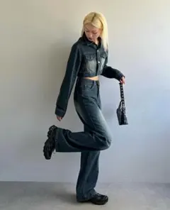 ダークブルー クロップドデニムジャケット セット