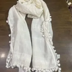 【ストール】　CITRUS ポンポンストール　大判　コットン、シルク　ホワイト