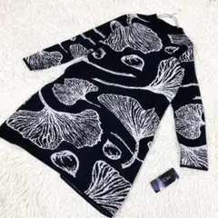 【未使用品】ニットワンピース　イチョウ柄　栗柄　ブラック　黒　M〜L