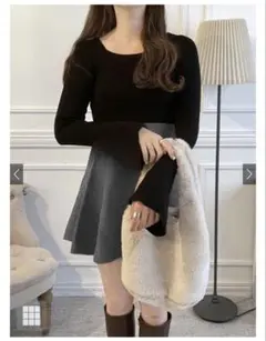 GRL スクエアネックフレアスリーブリブニットトップス ブラック k9153c