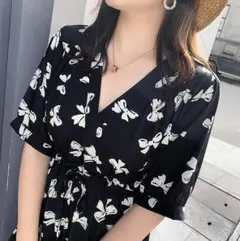 【ラス１】大きいサイズ Vネックロングワンピース半袖ゆったり春夏秋: