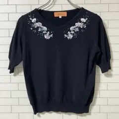 SunaUna スーナウーナ ニット セーター 花柄刺繍 ブラック 38のサムネイル
