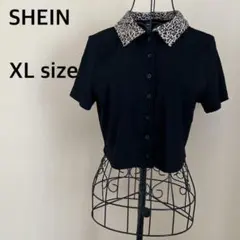 【SHEIN】ショート丈半袖ポロシャツ/ヒョウ柄/カーディガン/ボタン/黒