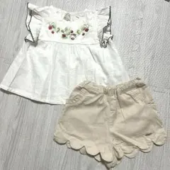 プティマイン　キティ　いちご　刺繍チュニック　白　スカラップショートパンツ　80