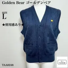 ゴールデンベア ケーブルニットカーディガン ロゴ刺繍 Lサイズ ネイビー