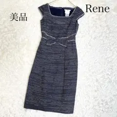 美品✨️ルネ TISSUE社 フレンチスリーブワンピース リボン ボーダーネイビー