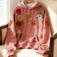 SHEIN Franclia　花柄刺繍風 フード付きパーカー ピンク　L