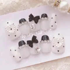 ネイルチップ フレンチガーリー ワンホン 量産型 韓国 白 黒 りぼん ハート