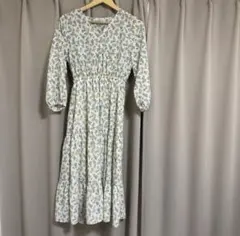 小花柄 カシュクール ワンピース Vネック ウエストゴム 七分袖 着痩せ M