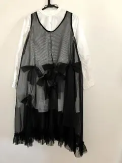 重ね着用　リボン付き　メッシュ　エプロン風ワンピース