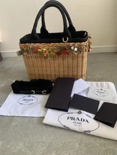 PRADA プラダ ウィッカー カゴバッグ ブラック - メルカリ