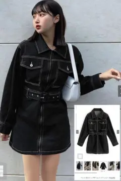 ベルト付きジップデニムミニワンピース［qu53］