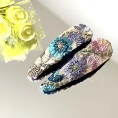 【ハンドメイド】花柄刺繍　和風　ピンク　ブルー　ヘアピン　2点セット