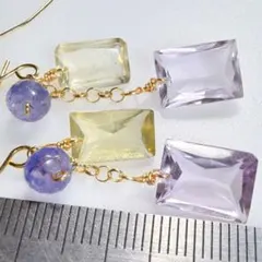 14KGF＊キラキラ✨ピンクアメジストとレモンクォーツのピアスw67タンザナイト