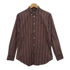 90s POLO ラルフローレン 長袖チェックBDシャツ 刺繍ロゴ　レッド