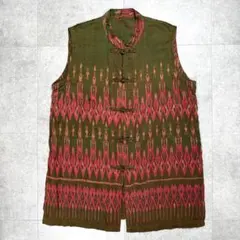 【最終値下げUSED】チャイナシャツ オリーブグリーンピンク ベスト