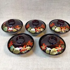 蓋つき 漆器 汁椀 5客セット 花柄 朱色 - メルカリ