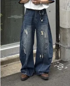 yolo ダメージ加工 ワイドデニムパンツ