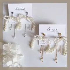 ①パールリボン ハンドメイドピアス バックキャッチ ビーズ イヤリング 揺れる