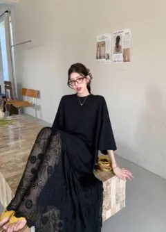 【新品】大きいサイズ夏服レース裾ワンピースゆったり半袖 4L体型カバー5