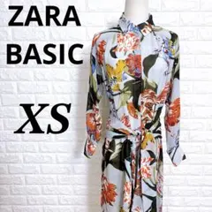 5011 ザラ 花柄 ロング シャツ ワンピース XS 水色 ボタニカル シアー