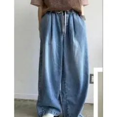 しまむら ぷーずセレクト　ウエスト紐付きワイドデニムパンツ　ウエストゴム　S