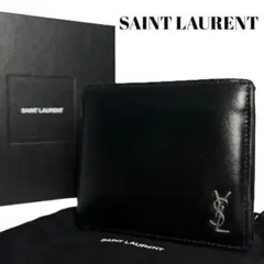 極美✨サンローラン 二つ折り財布 YSL カサンドラ ロゴシルバー金具 ブラック