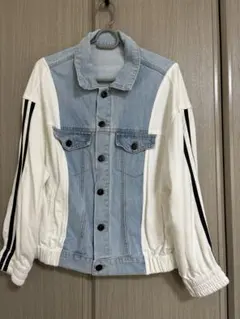 バイカラーデニムジャケット　綿　軽量　フリーサイズ　ライトブルー