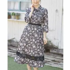 プチフリルネック＆ボウタイりぼんレース切り替えフラワープリントワンピース