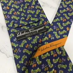 Ferragamo フェラガモ ネクタイ ネイビー 総柄 車と旗のデザイン