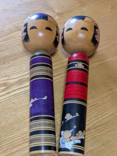 赤紫の花模様 こけし人形セット