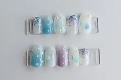 【現品】ネイルチップ「雨だれ」■ライトブルー×パープル