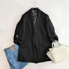 【未使用級】【人気完売商品】ZARA ザラ　ロールアップブレザー 黒 L