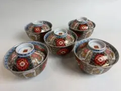 有田焼き　古伊万里　赤茶碗　蓋付き　色絵　5つ　NO.03