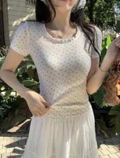 小花柄 半袖 リブTシャツ ホワイト