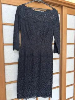 美品♡タダシショージ レース モックネック カクテルドレス 膝丈 紺 4P