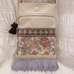 スマホショルダー スマホポシェット サコッシュ インド刺繍リボン フェイクレザー
