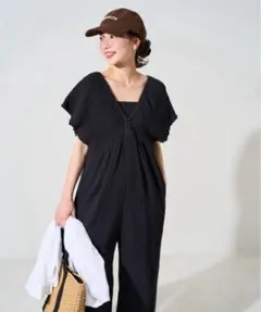 フリークスストア　インド ダブルガーゼ シャーリング オールインワン　ブラック