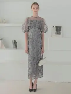 フラワーディテールパフスリーブIラインワンピースドレス結婚式二次会成人式デート