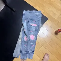 ダメージ加工 ピンクパッチ デニムパンツのサムネイル
